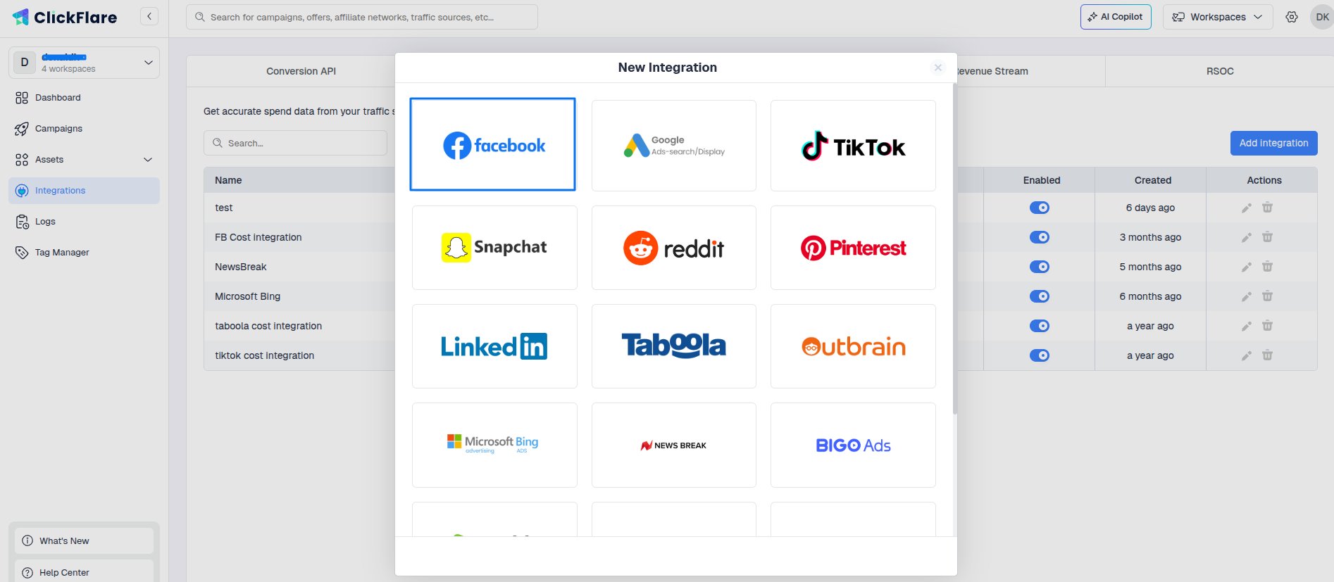 Select Facebook from the options