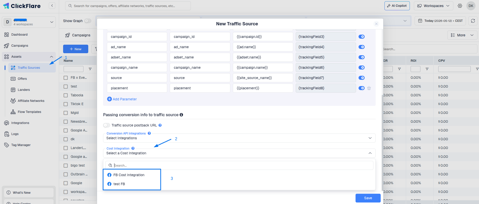 Lastly, go to the traffic source configuration settings and add the previously created cost integration under the cost…