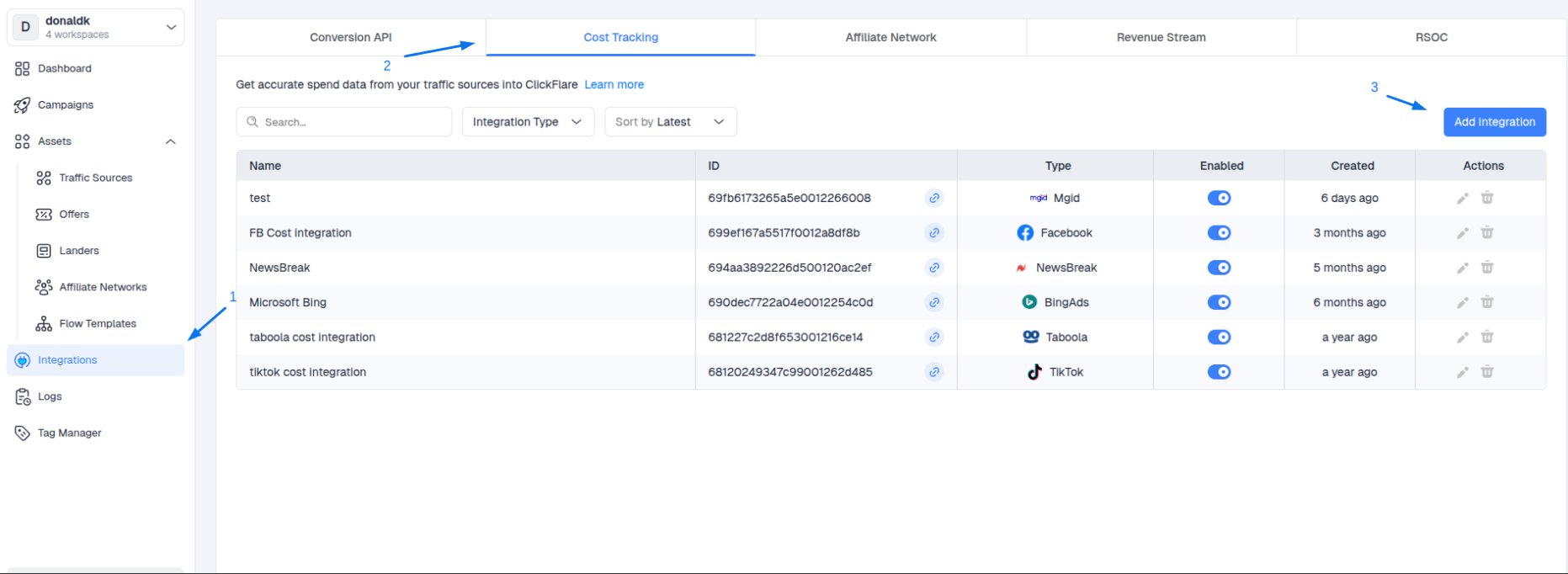 In the Cost Tracking Integrations section, click on Add Integration