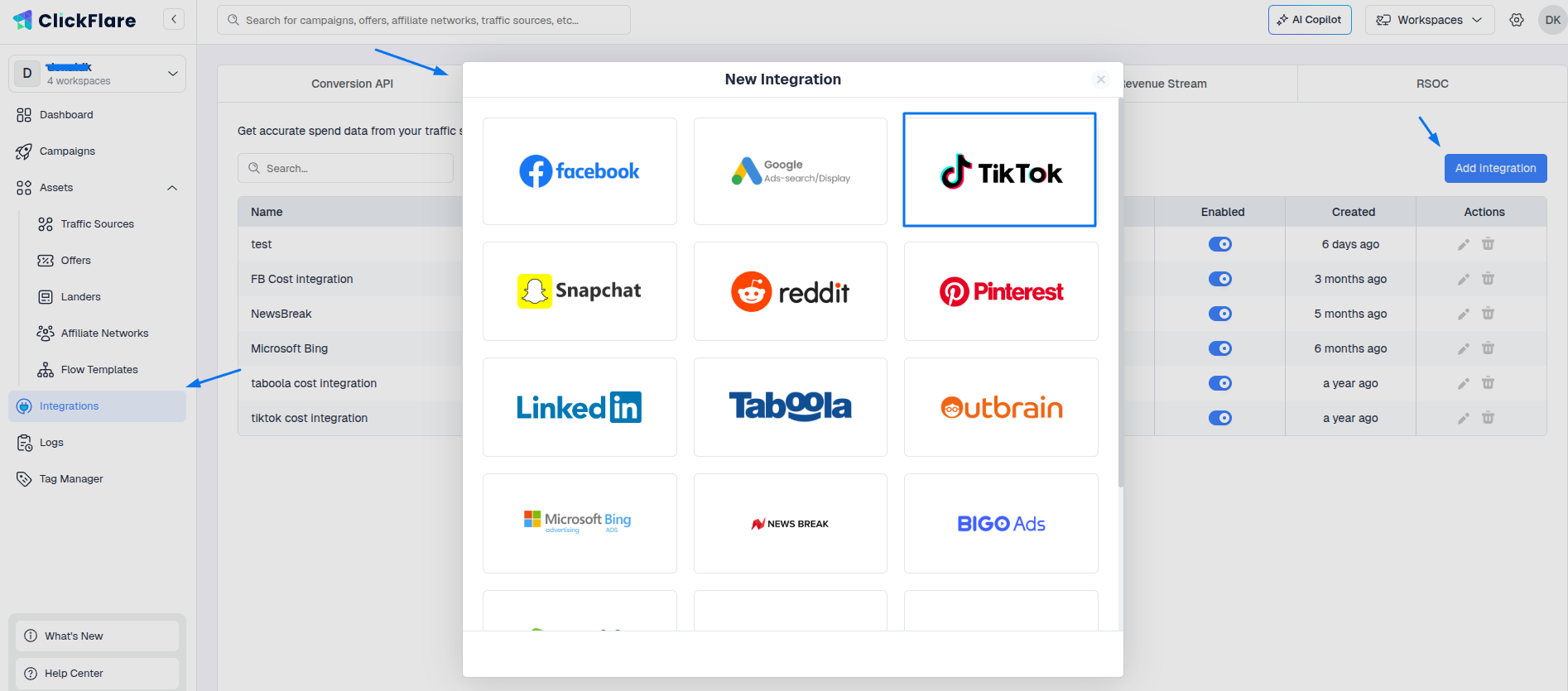 Select the TikTok traffic source from all the options