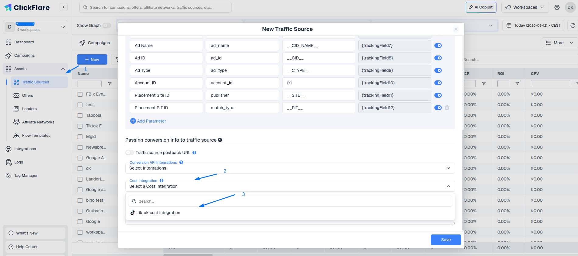 Lastly, go to the traffic source configuration settings and add the previously created cost integration under the cost…