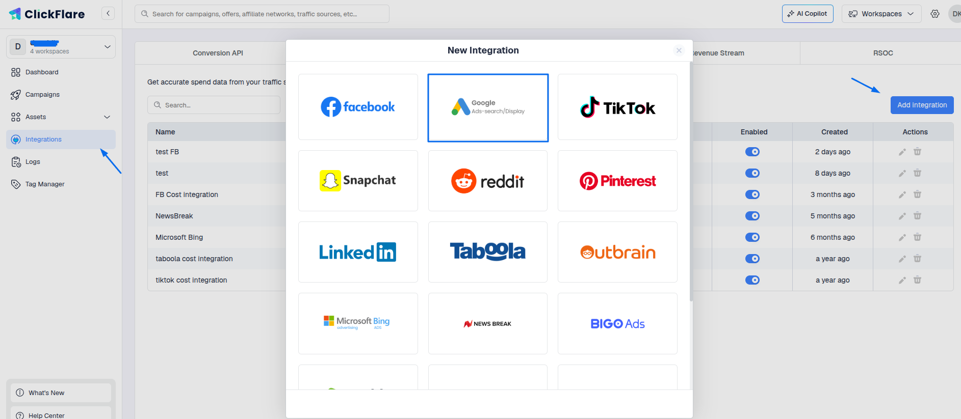 In the Cost Tracking Integrations section, click on Add Integration