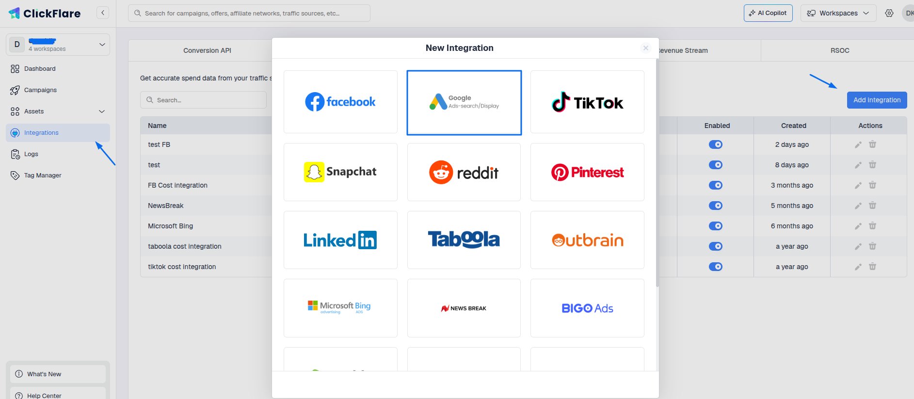 In the Cost Tracking Integrations section, click on Add Integration