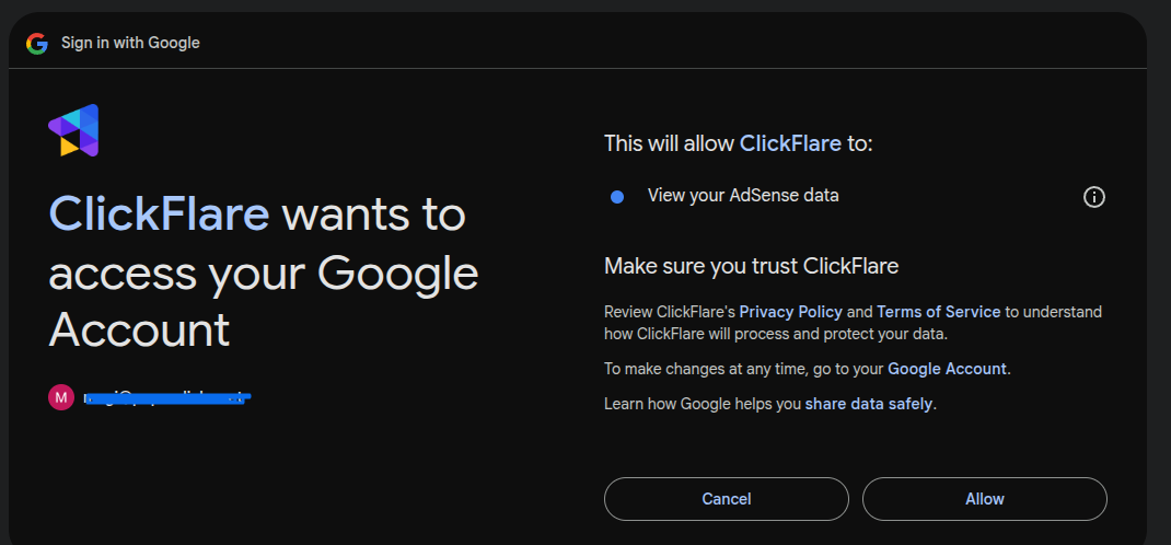 After being redirected to ClickFlare, choose your newly connected account