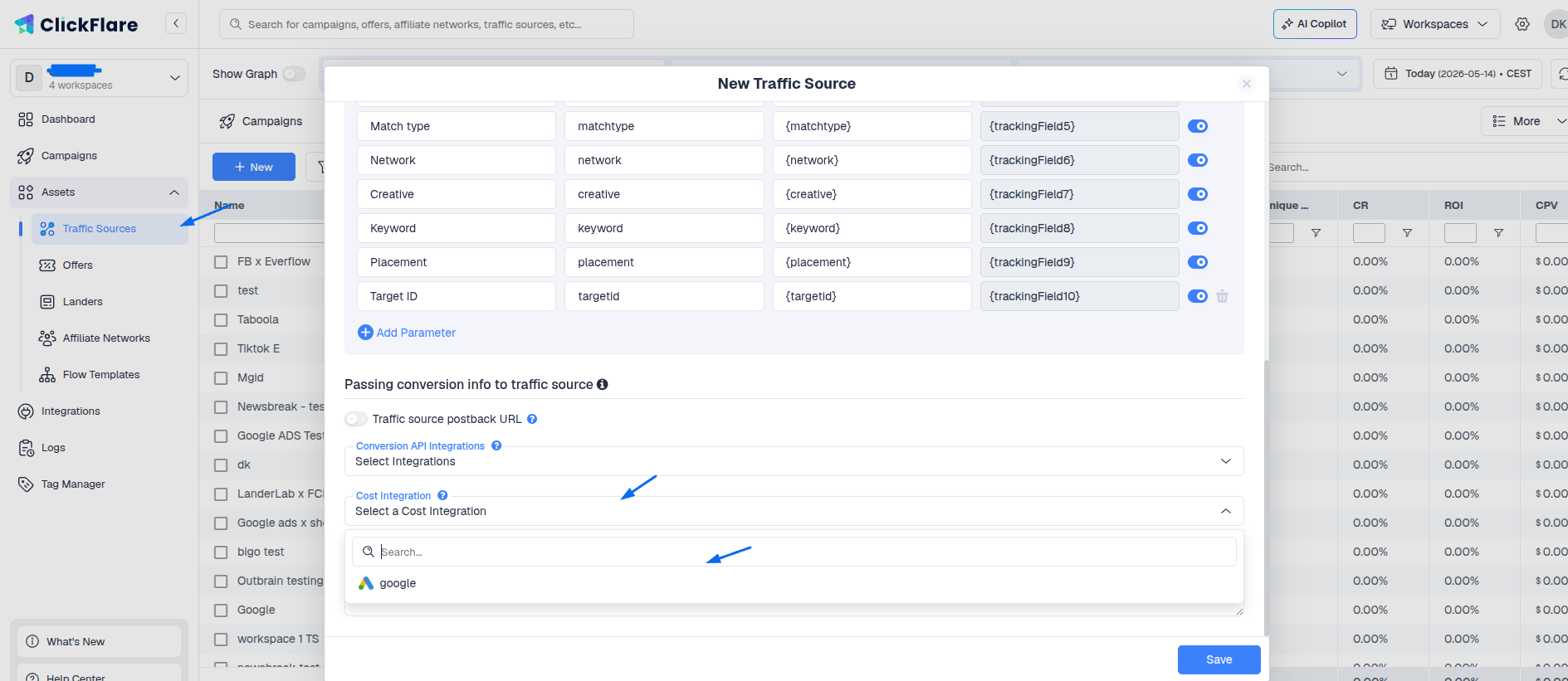 Lastly, go to the traffic source template settings and add the previously created cost integration