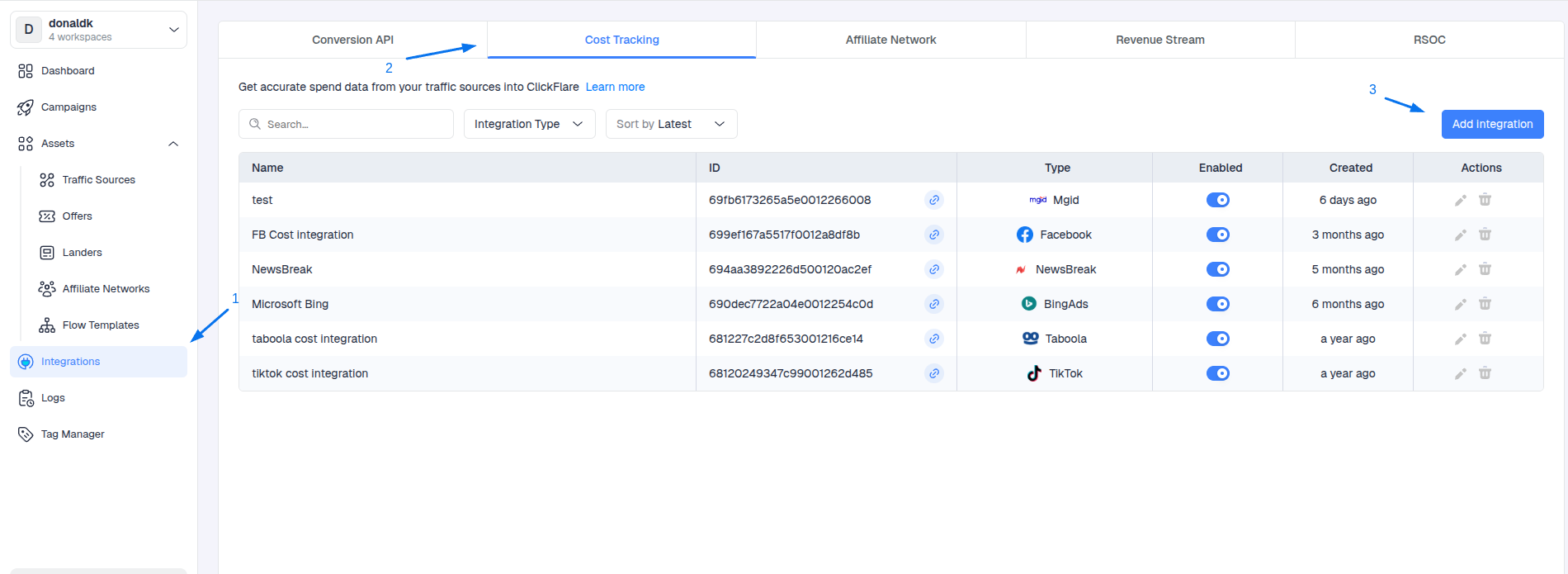 In the Cost Integrations section, click on Add Integration