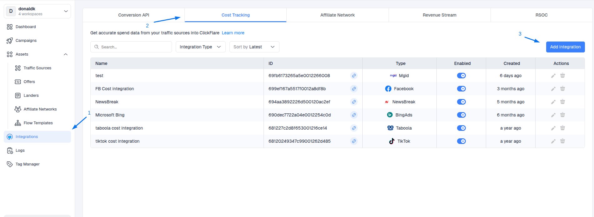 In the Cost Integrations section, click on Add Integration
