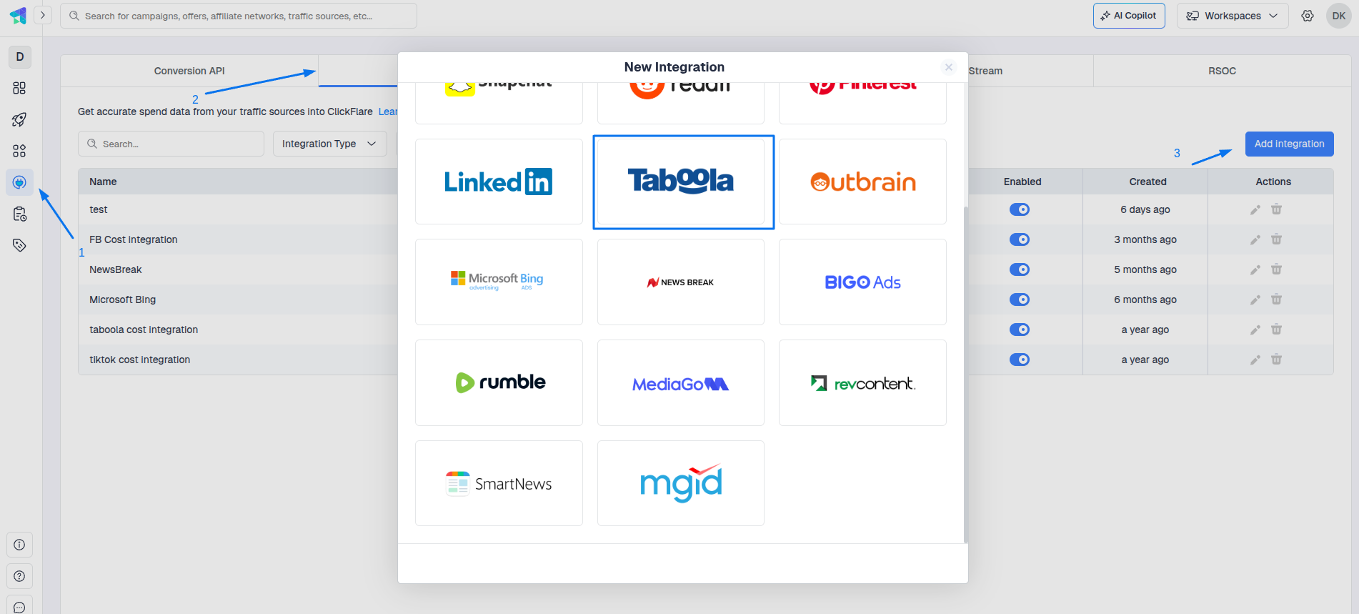 Select the Taboola traffic source from all the options