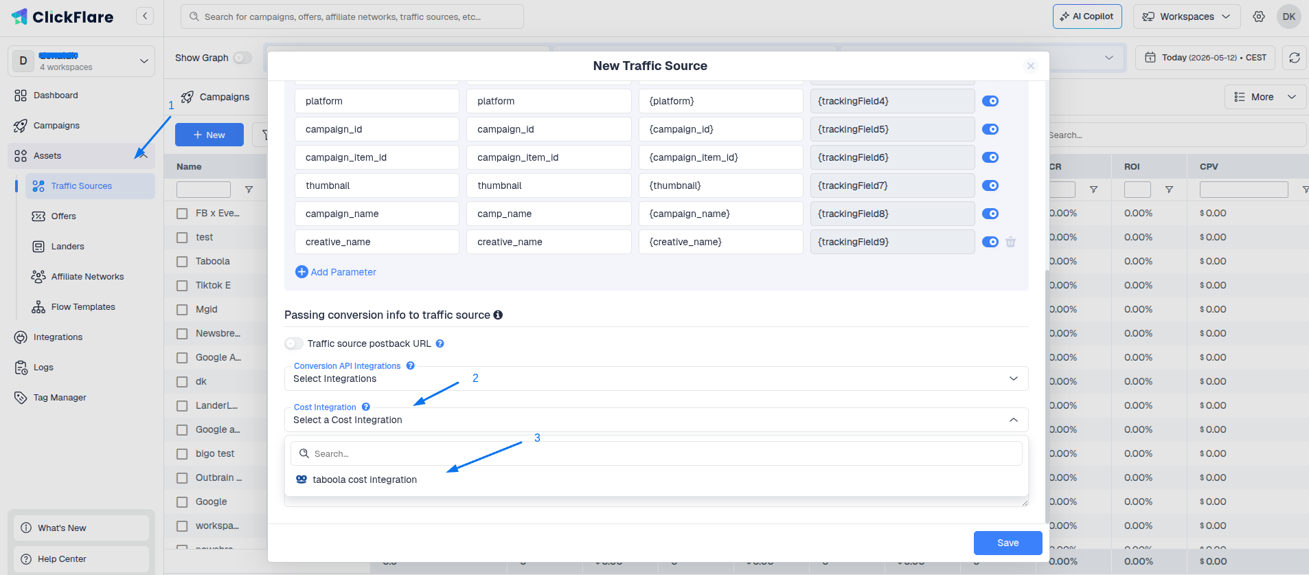 Lastly, go to the traffic source configuration settings and add the previously created cost integration under the cost…
