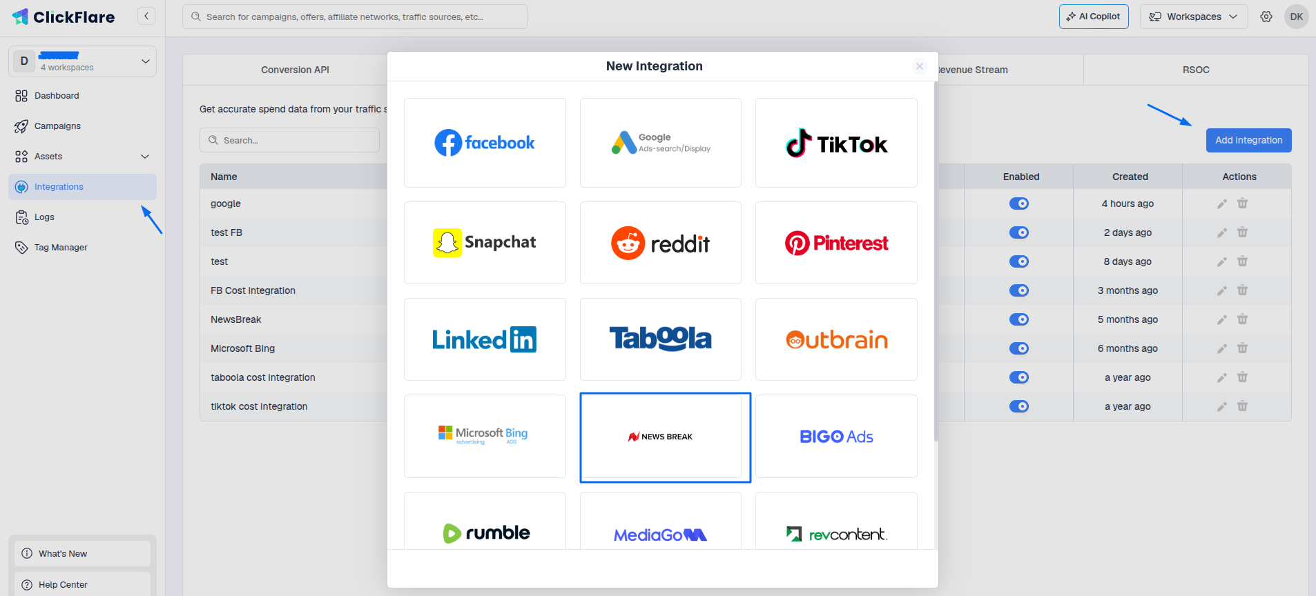 Select NewsBreak from the list of available integrations