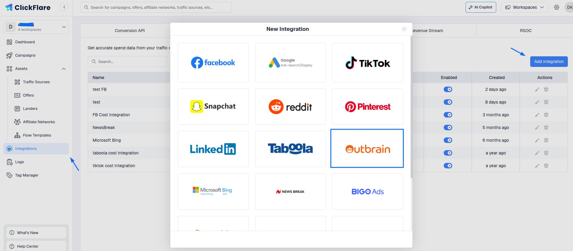 In the Cost Tracking Integrations section, click on Add Integration