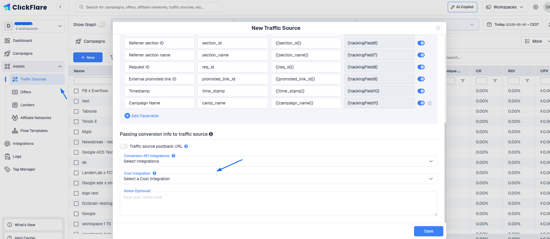 Lastly, go to the Outbrain traffic source template settings and add the previously created cost integration