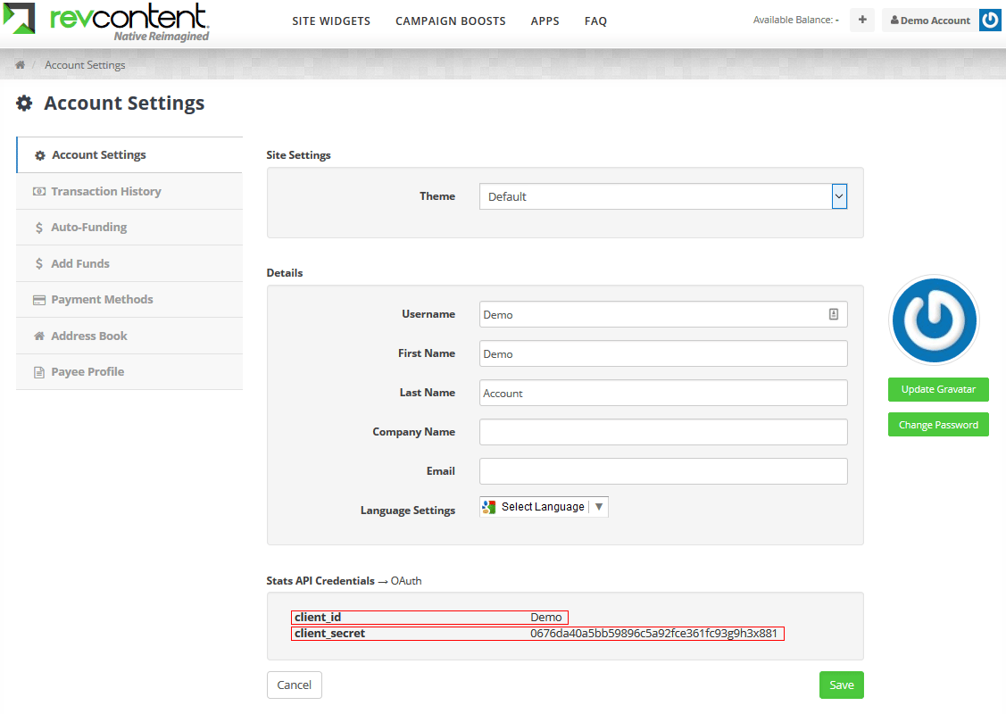When logged into your RevContent account, go to your Account Settings. You should see your Client ID and Client Secret…