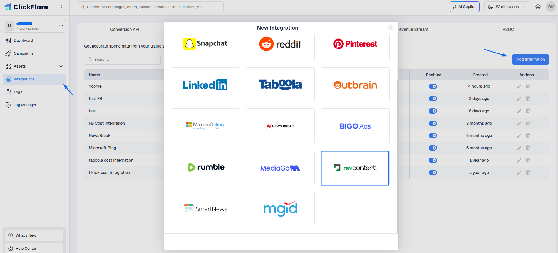 Select RevContent from the list of available integrations