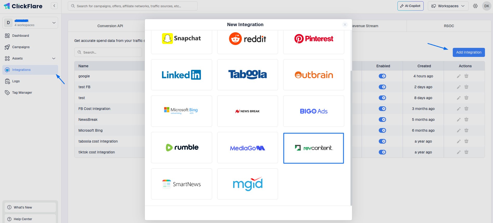 Select RevContent from the list of available integrations