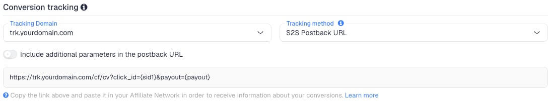 The Conversion tracking section of the Everad network in ClickFlare, with the generated postback URL