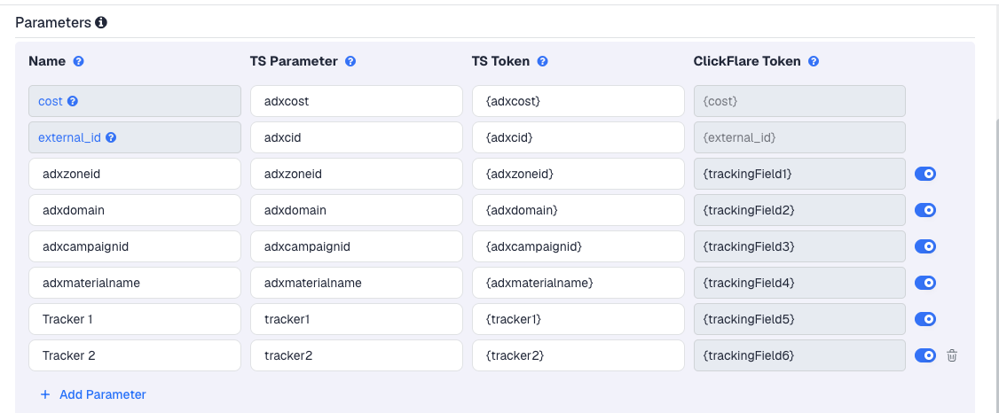 The AdExtrem template's Parameters table in ClickFlare, with AdExtrem's macros pre-filled