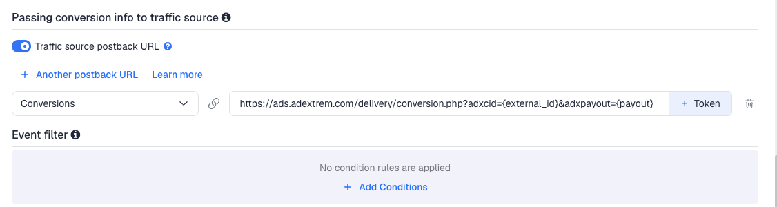 The Traffic source postback URL switched on, showing the AdExtrem template's postback
