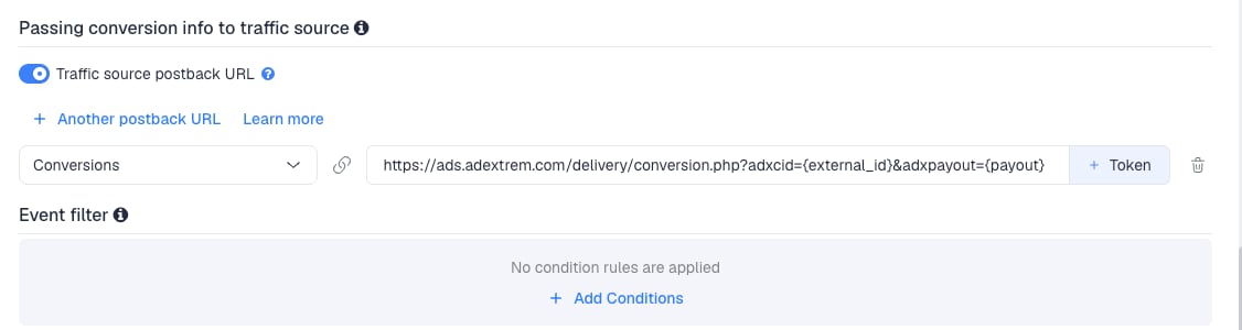 The Traffic source postback URL switched on, showing the AdExtrem template's postback