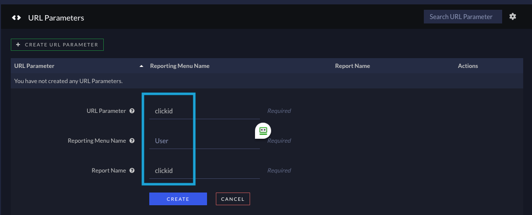 Click Create URL Parameter