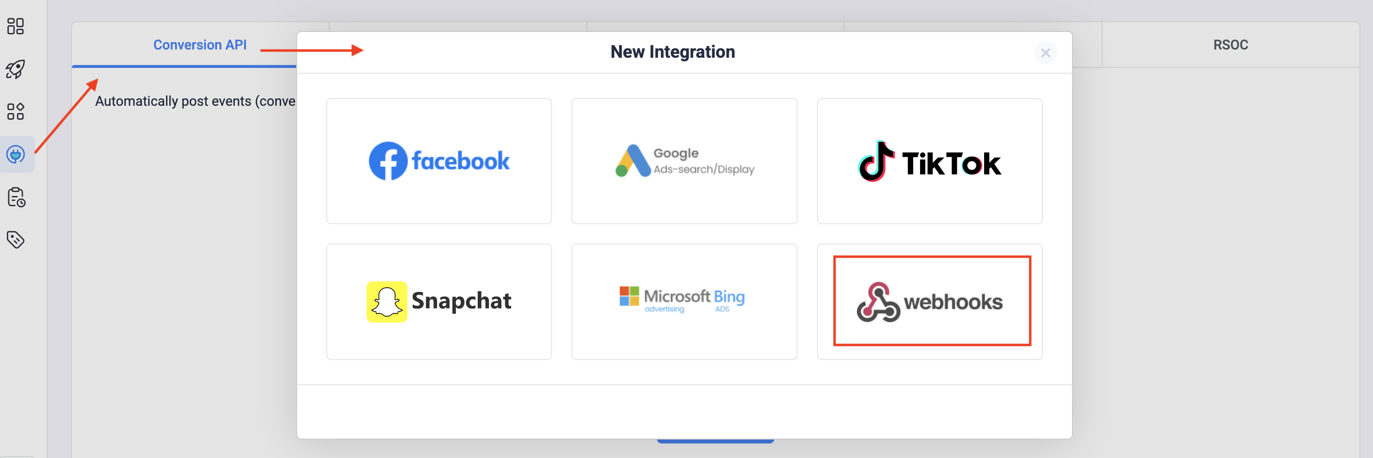 Choose Webhooks from the integration list