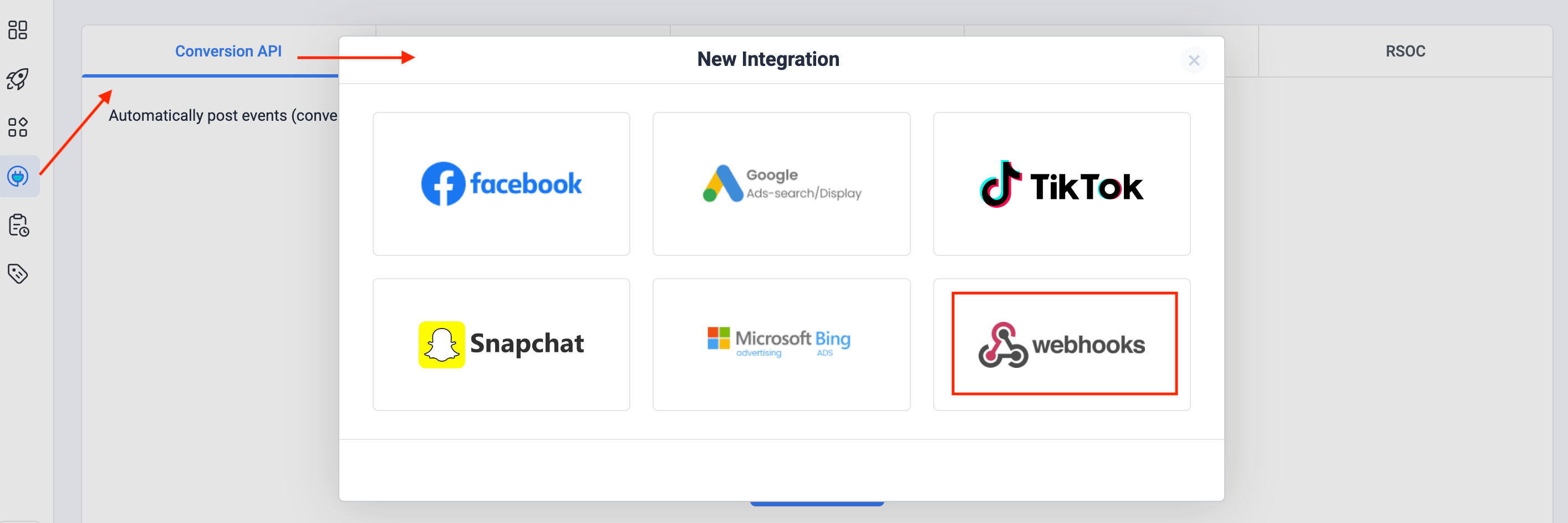 Choose Webhooks from the integration list