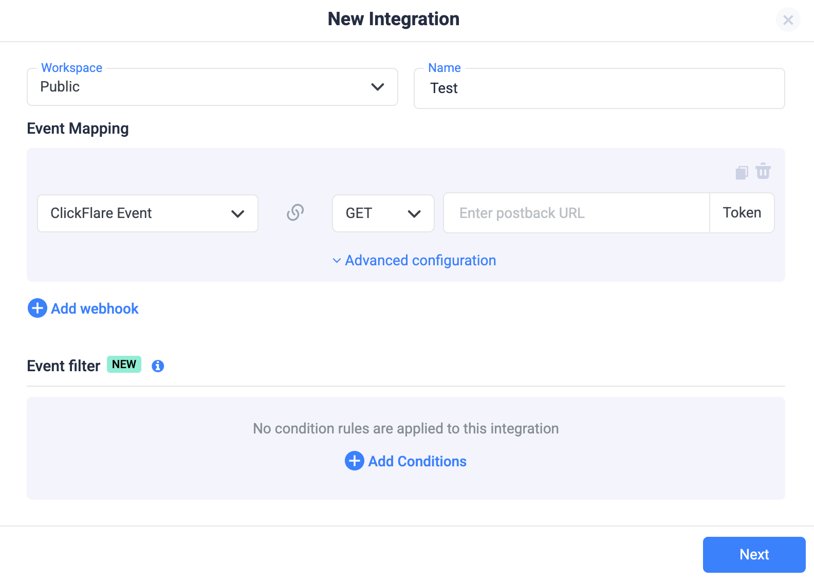 Each event mapping can have its own configuration, including separate URLs, headers, and request methods