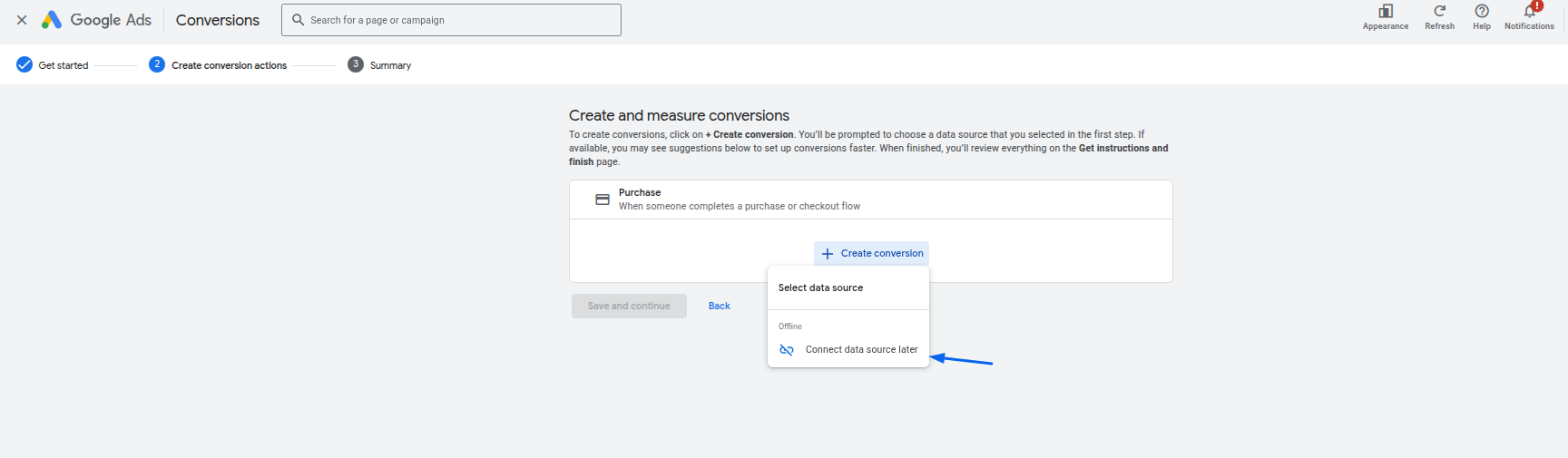 After selecting the conversion type, the next step is to click “Create new conversion” and then choose “Connect data…