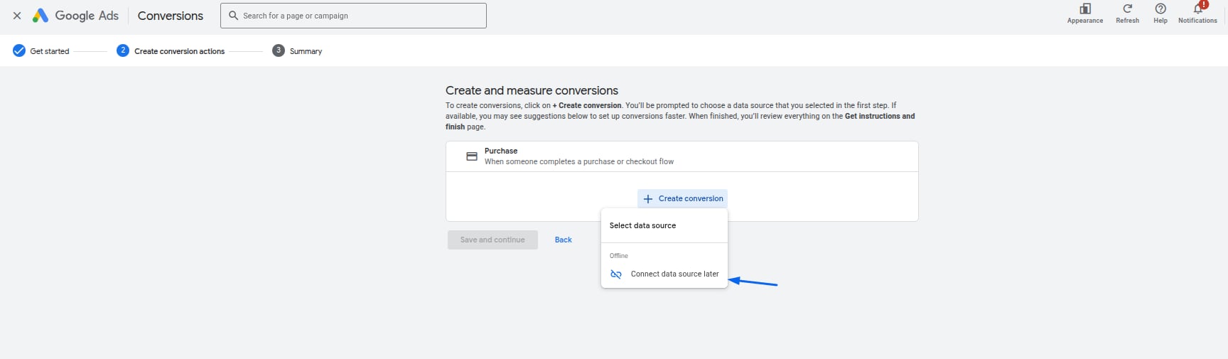After selecting the conversion type, the next step is to click “Create new conversion” and then choose “Connect data…