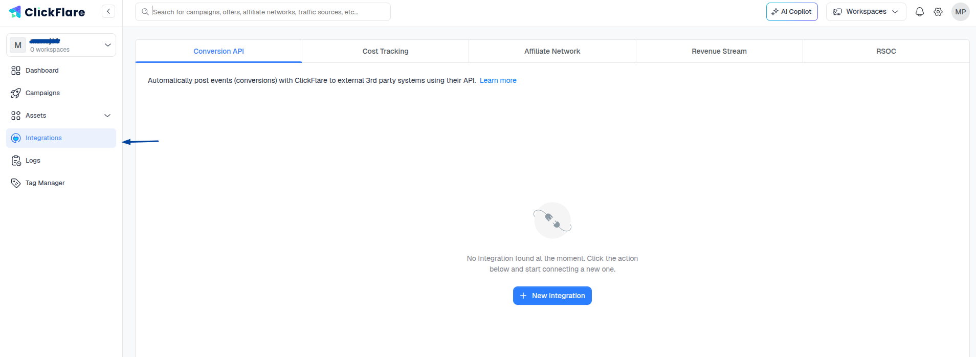 You can find Integrations in the left sidebar of the ClickFlare dashboard