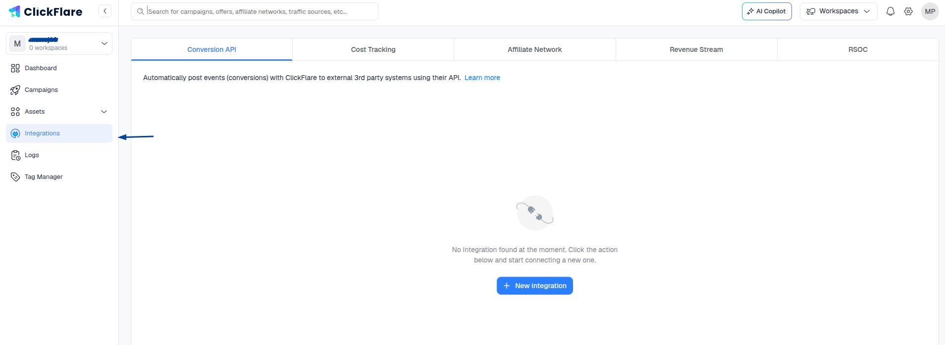 You can find Integrations in the left sidebar of the ClickFlare dashboard