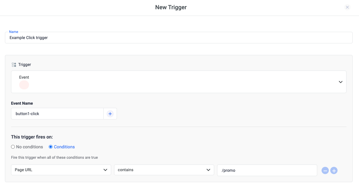 This trigger fires on: Page URL, contains, /promo