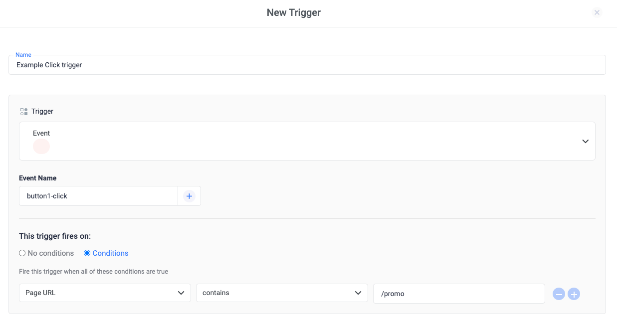 This trigger fires on: Page URL, contains, /promo