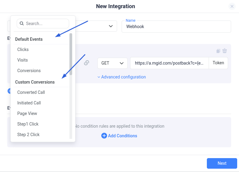 Only configure the event(s) you want to send selectively here