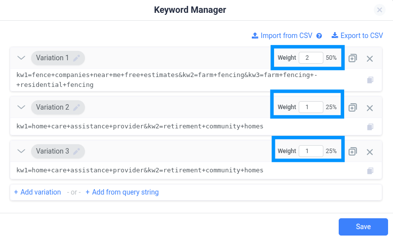Randomly distribute keyword sets according to their defined importance
