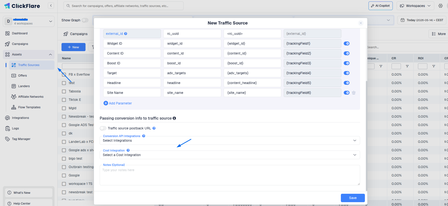 Lastly, go to the Traffic Source configuration settings and assign the cost integration you created under the Cost…