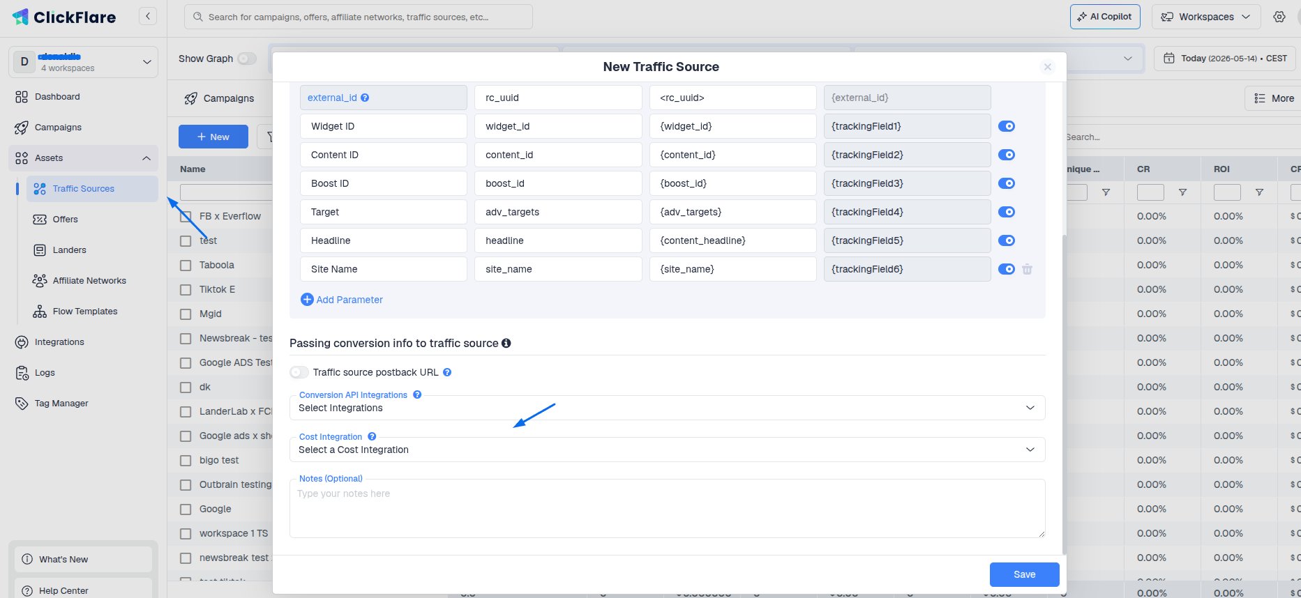 Lastly, go to the Traffic Source configuration settings and assign the cost integration you created under the Cost…