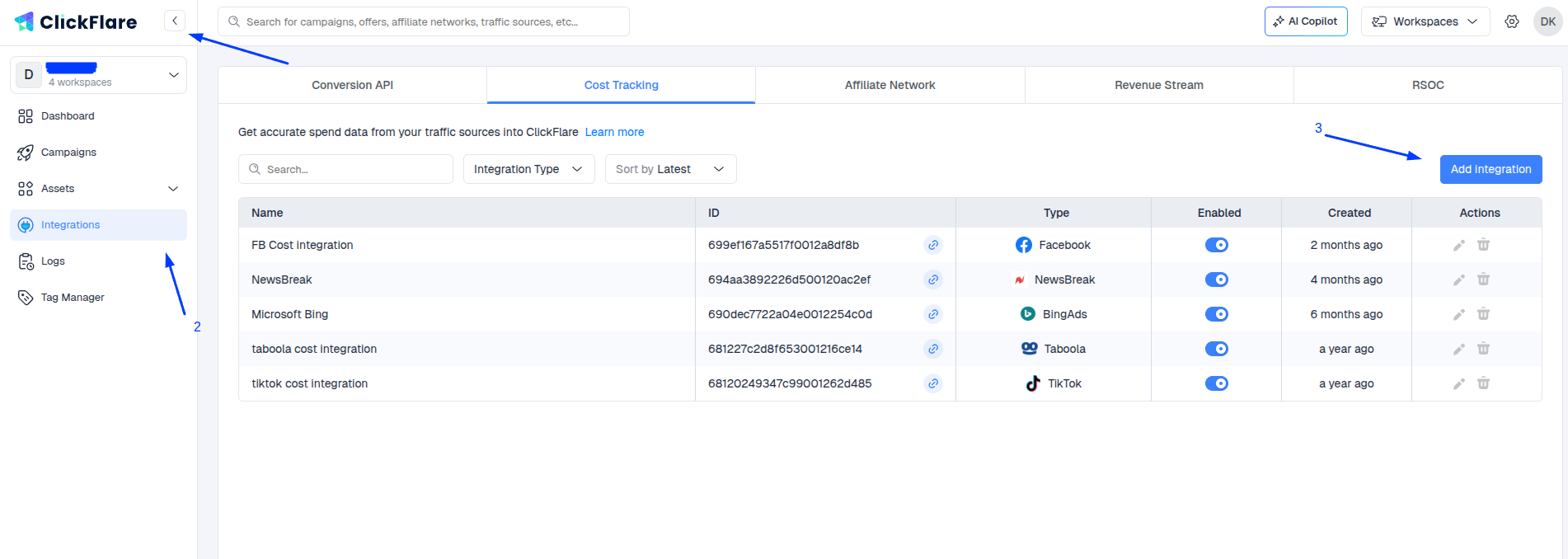 In the Cost Tracking Integrations section, click on Add Integration