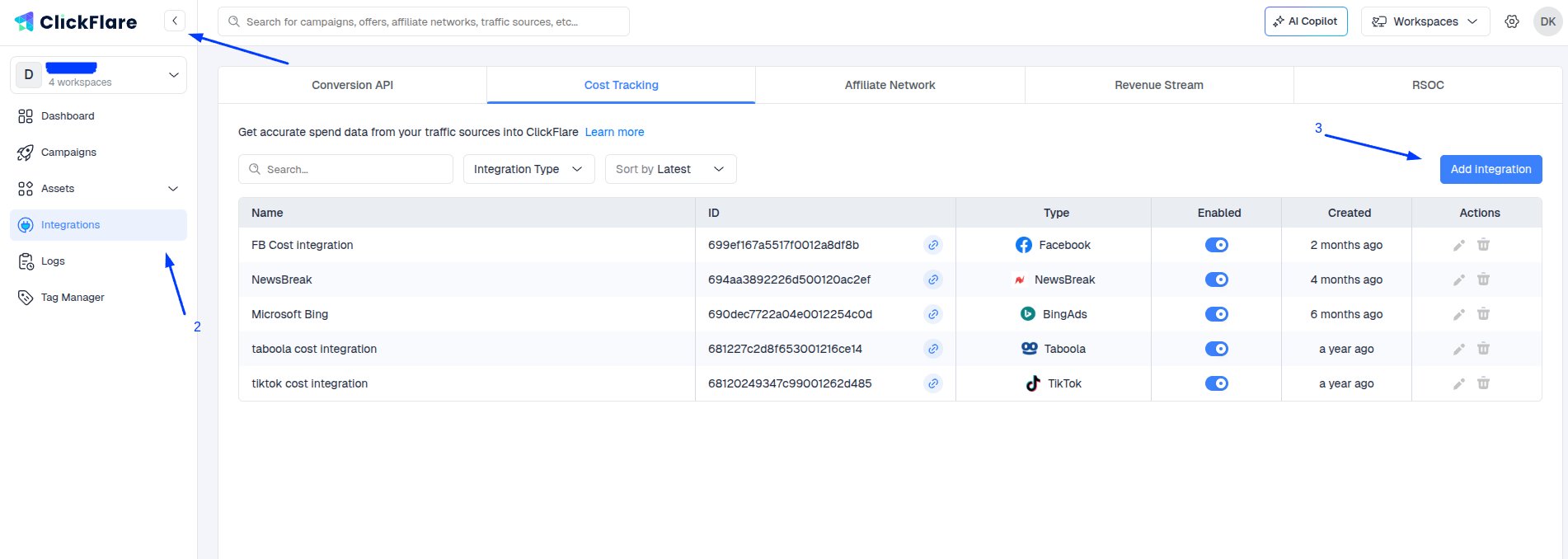 In the Cost Tracking Integrations section, click on Add Integration