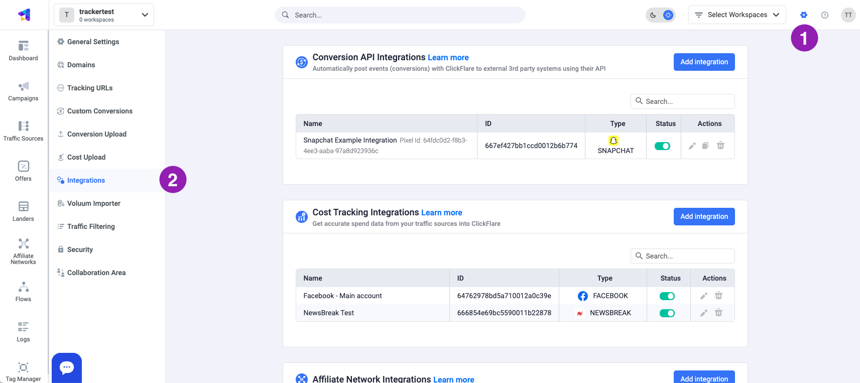 Moving to the Integrations Menu on the left side of the screen
