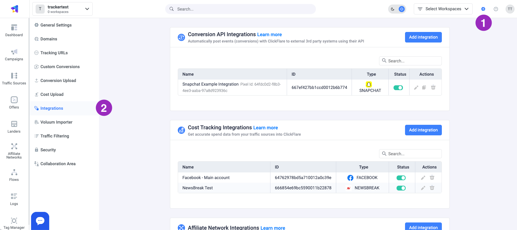 Moving to the Integrations Menu on the left side of the screen