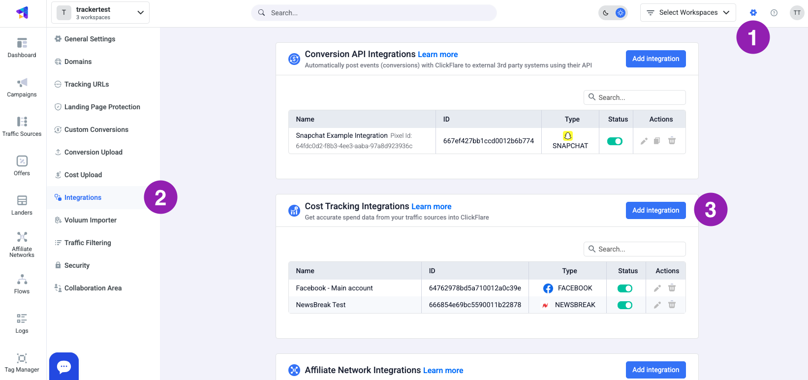 In the Cost Tracking Integrations section, click on Add Integration