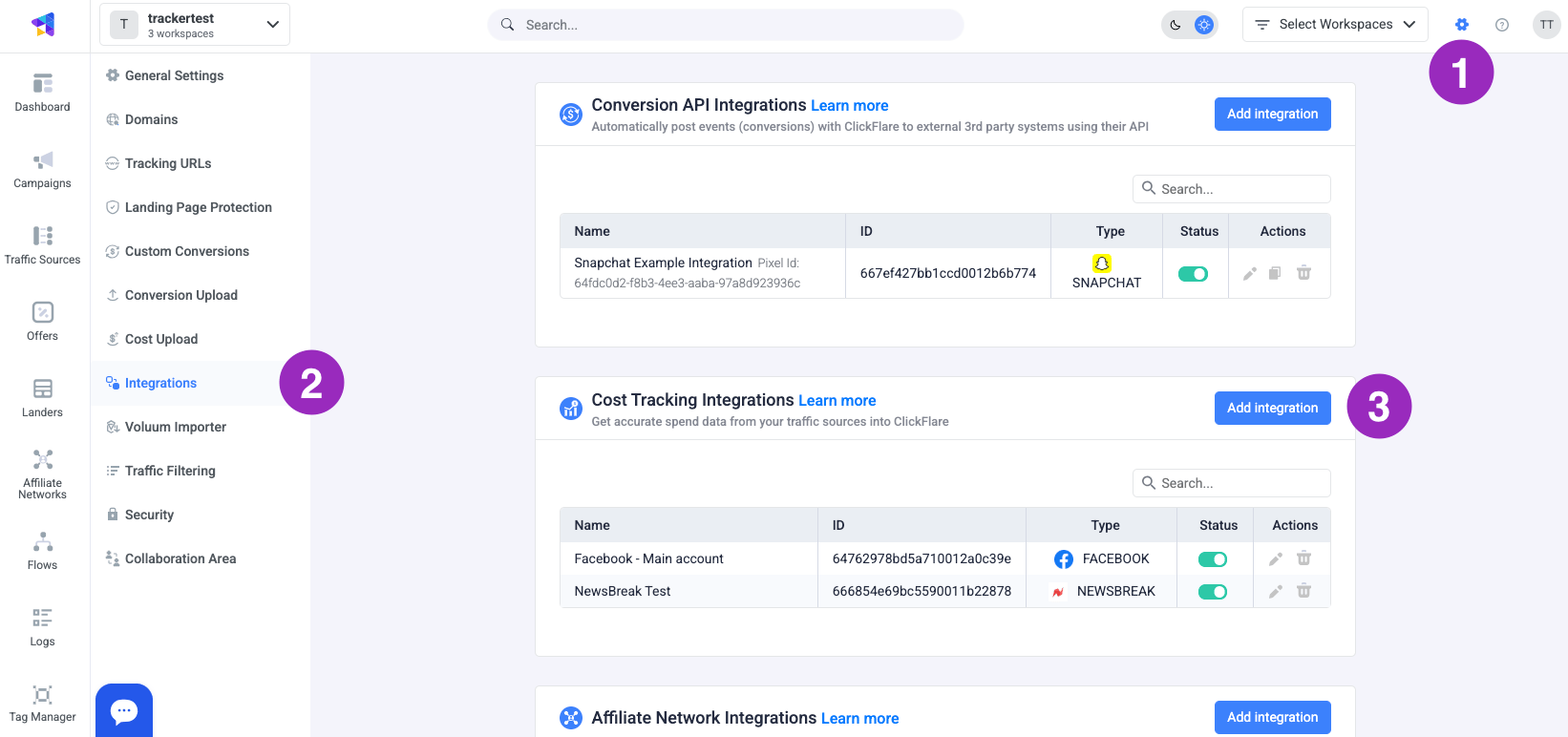 In the Cost Tracking Integrations section, click on Add Integration