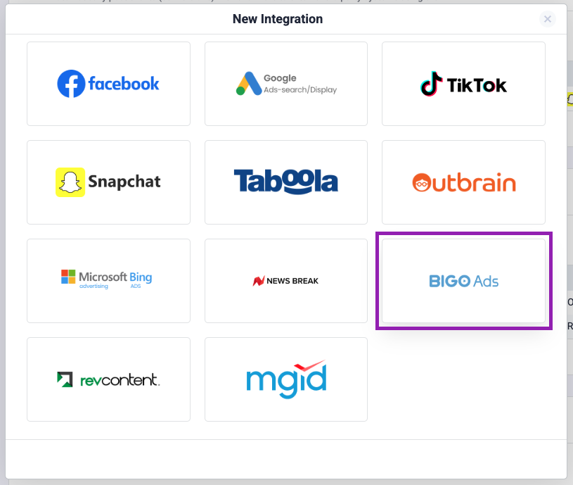 Choose Bigo Ads from the list of available cost integrations