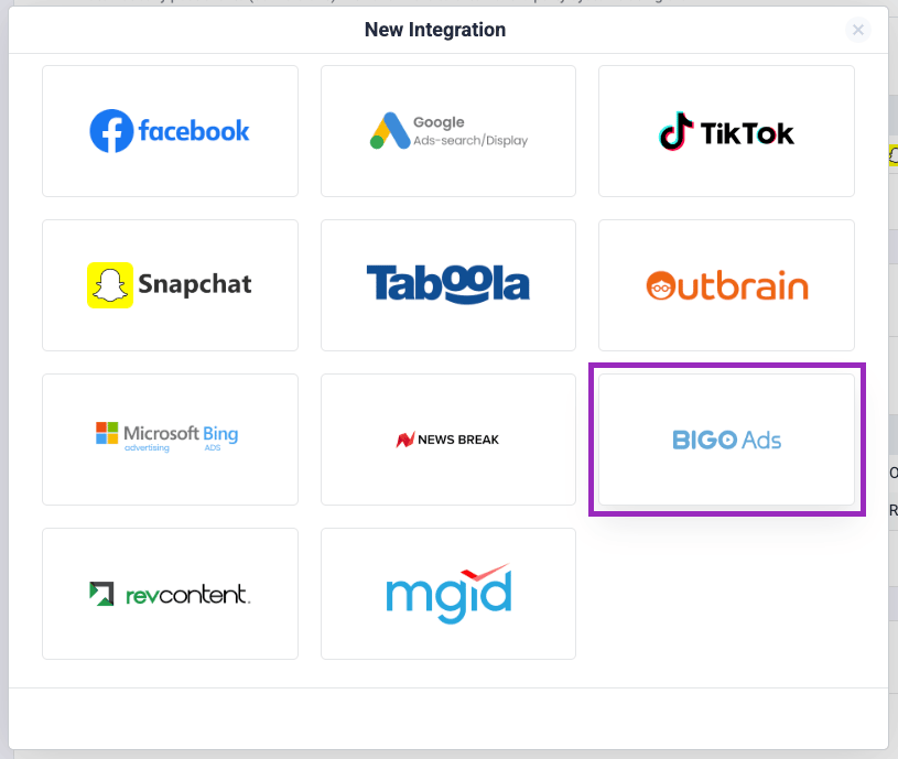 Choose Bigo Ads from the list of available cost integrations