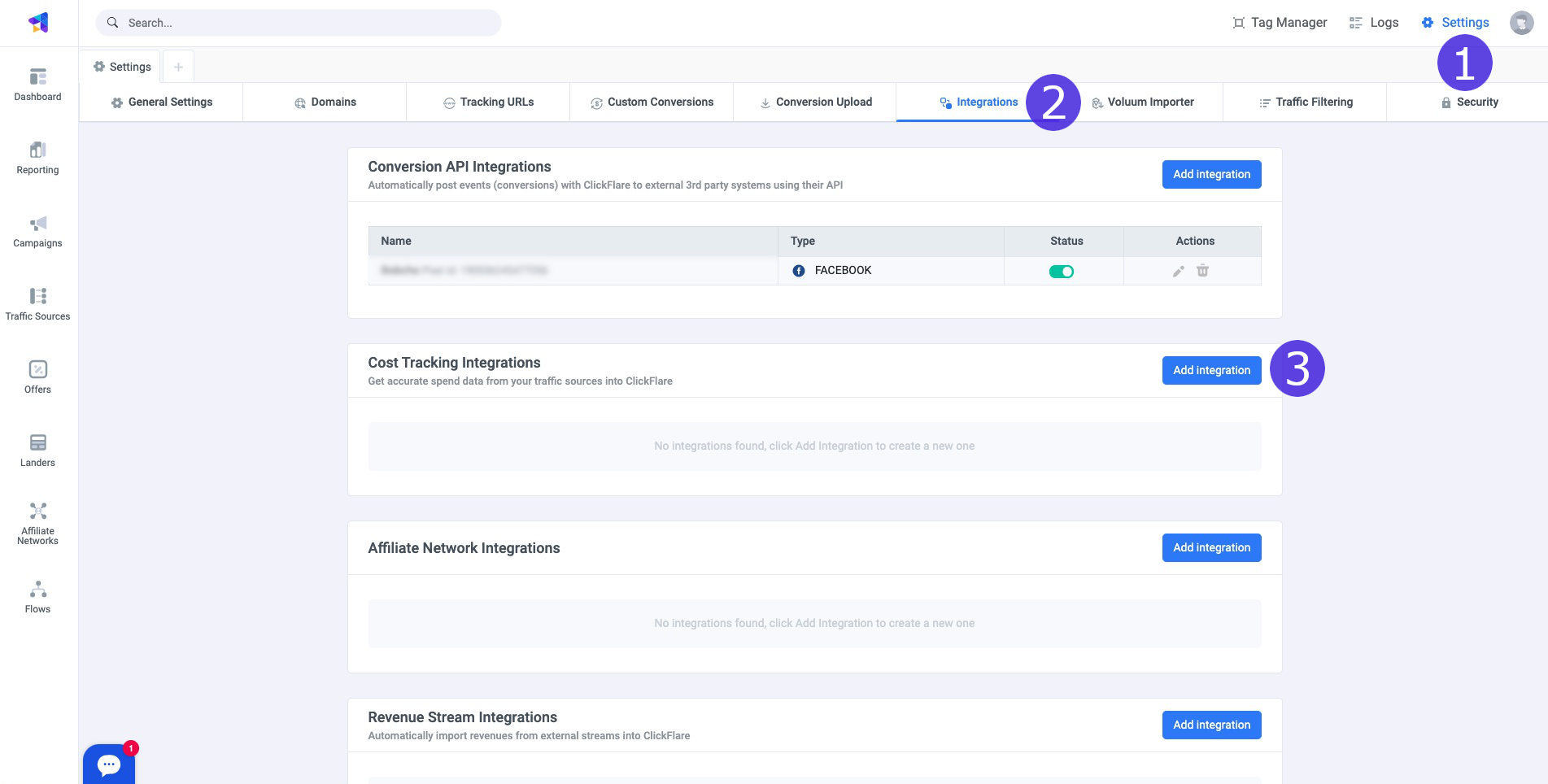 In the Cost Tracking Integrations section, click on Add Integration