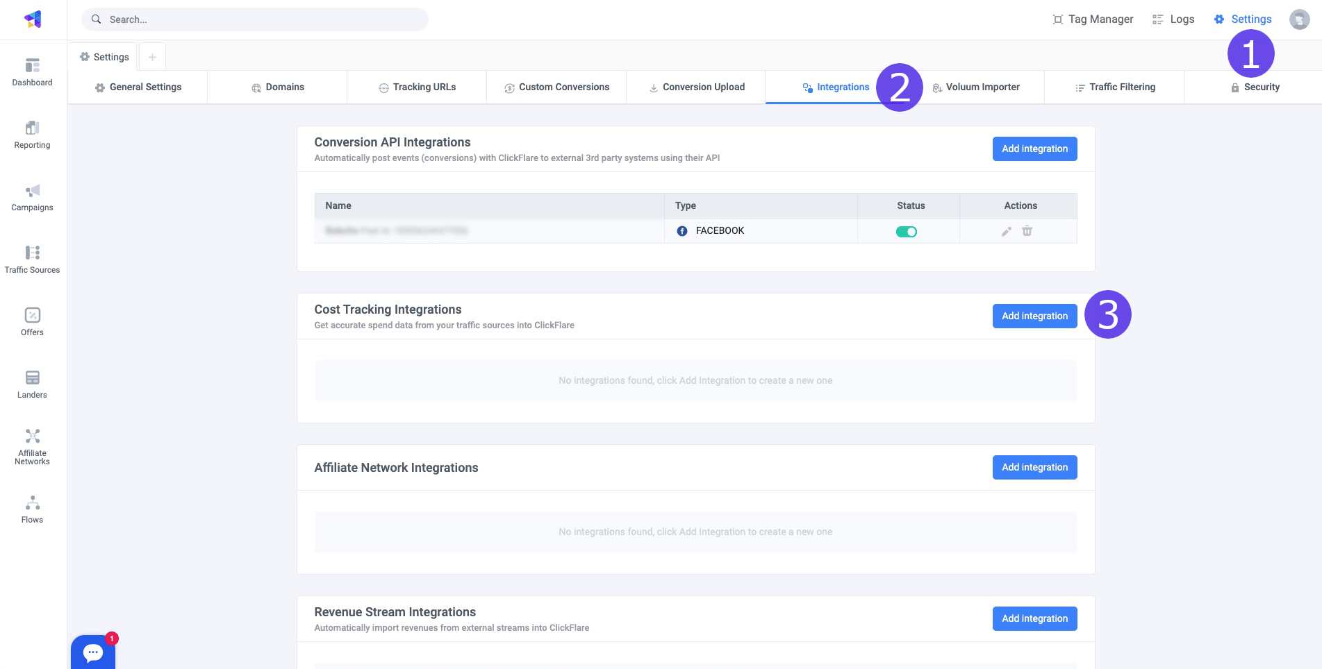 In the Cost Tracking Integrations section, click on Add Integration