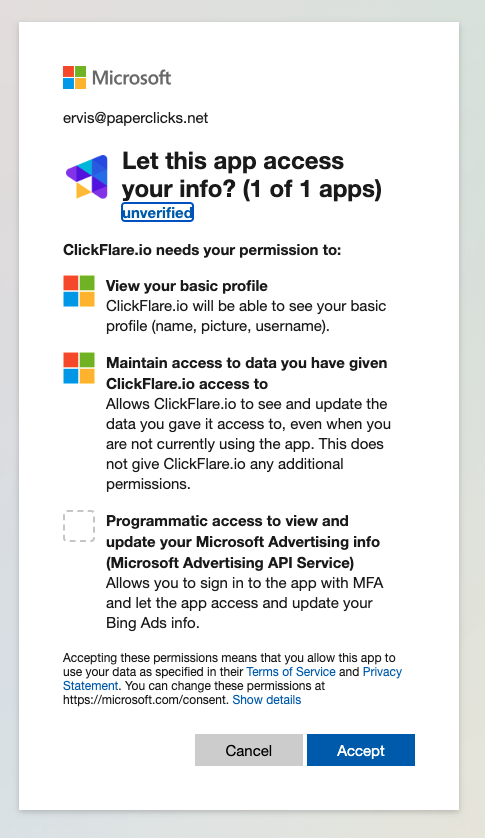 You’ll be asked to give access to ClickFlare to your Account. Click on Accept