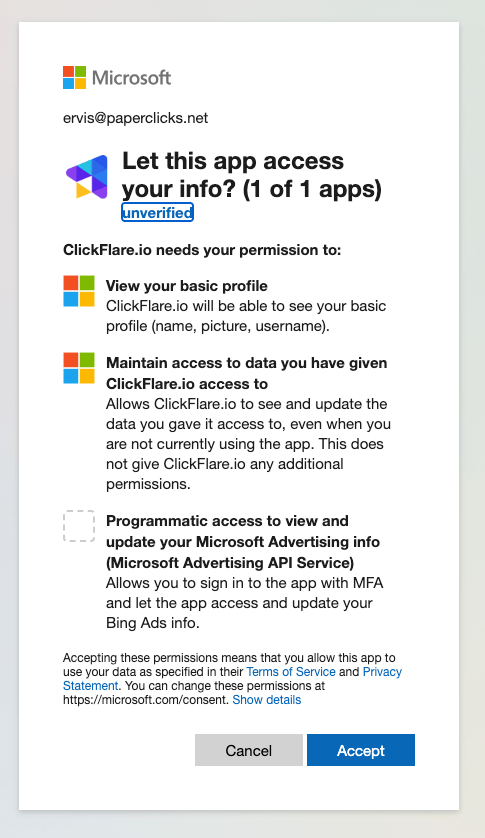 You’ll be asked to give access to ClickFlare to your Account. Click on Accept
