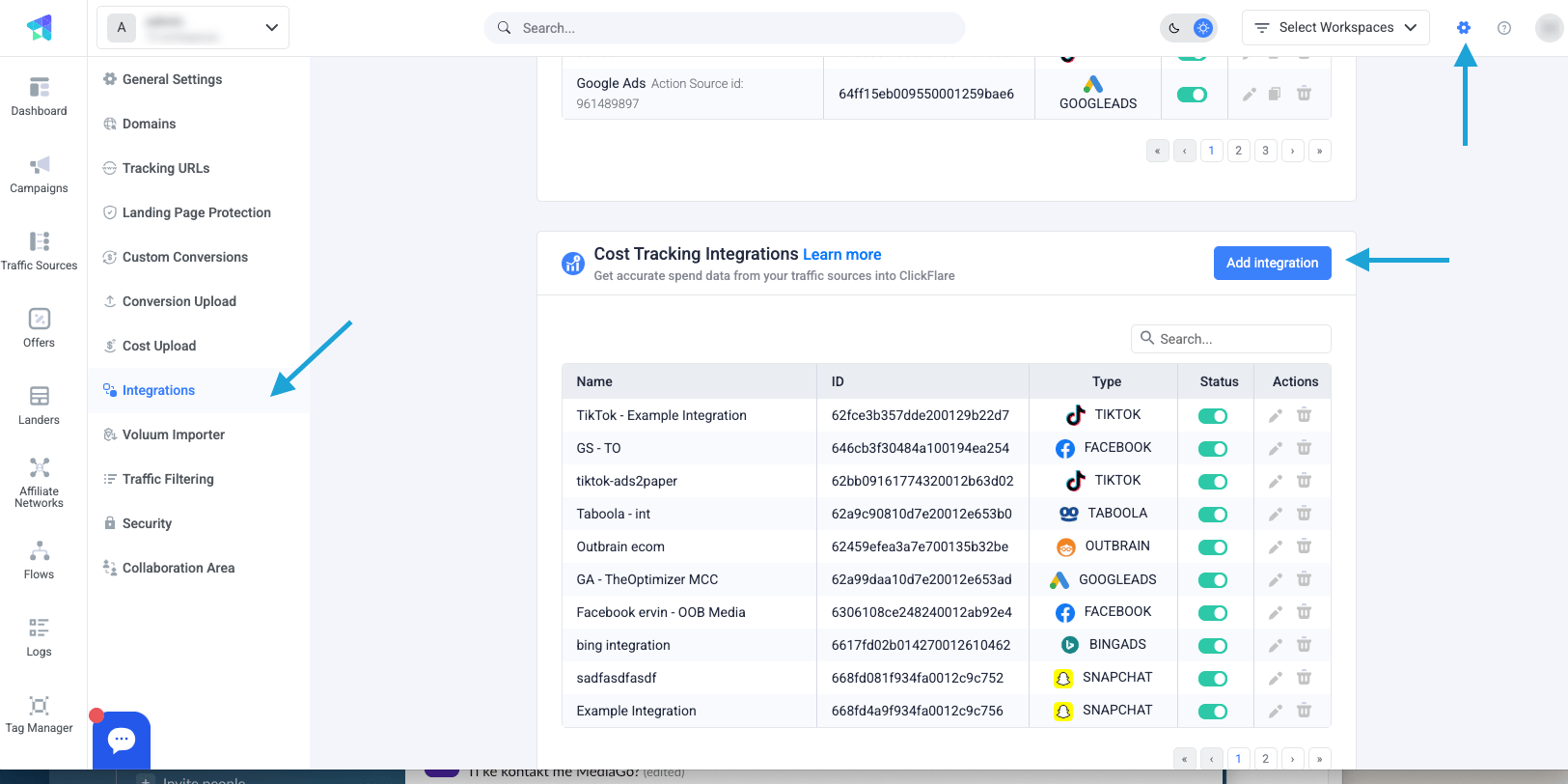 Navigate to the Integrations tab